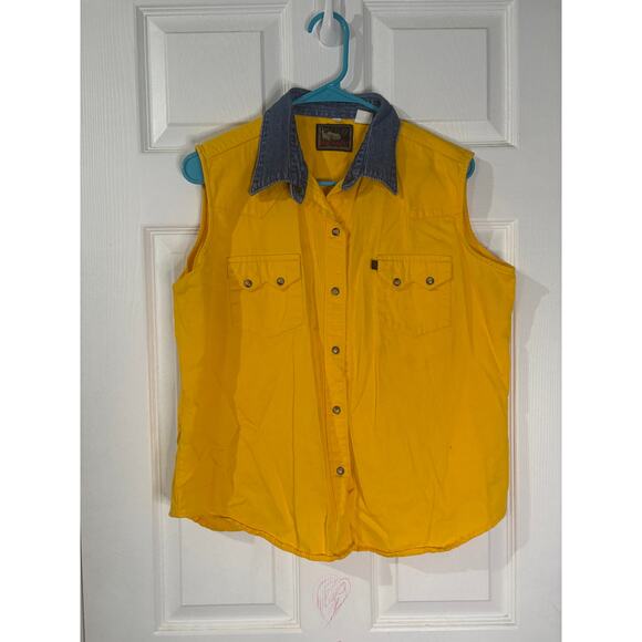 90s Vintage Red Lodge Yellow Sleeveless Denim Collared Vest Women's Size L - Picture 1 of 3